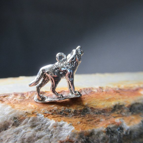 Sterling Silver Wolf Charm Singing to the Moon - Picture 2 of 7